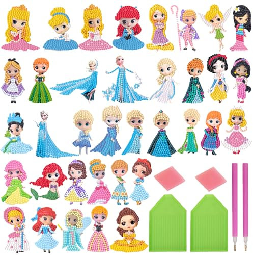COQOYO Diamond Painting Kinder Sticker Set, 36pcs Prinzessin 5D Diamantmalerei Aufkleber Bilder, Cartoon Mini DIY Diamant Mosaikherstellung Basteln Kit für Mädchen Anfänger Geburtstag Geschenke
