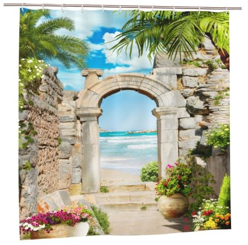YUAOEUR 3D Landscape Garden Shower Curtain 60X72 Inch Stone Arch Sea Side View with Palm Trees Flowers Blue Sky Outdoor Picture Garden Bathroom Decor with Hook