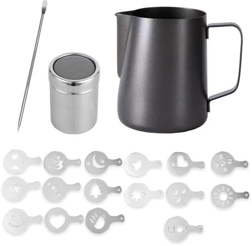 1 pezzi 350ml Nero Brocca in acciaio inox con Disegni,Bricco con spargicacao,Pentolino Latte con Coperchio, Bricco Latte Acciaio Inox con Maniglia,per cappuccino,espresso