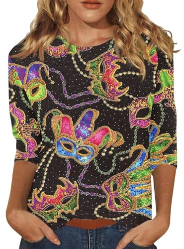Damen-T-Shirt mit modischem Rundhalsausschnitt, lässigem Karnevalsdruck, dreiviertellangen Ärmeln Pailletten Oberteil (Black, S)