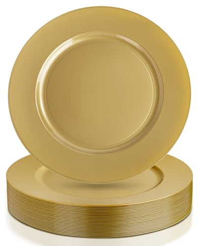 WDF 12Inch Plastic Charger Plates - 25Pack Gold Charge for Dinner - Disposable Gold Charge Plates - Perfect for Dinner/Wedding Party/Elegant Tabletop Decor