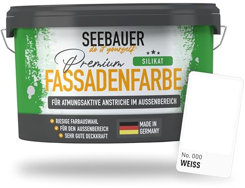 SEEBAUER diy Silikat-Fassadenfarbe Weiß 2,5L für Außen (No. 000 Weiß) Atmungsaktive Mineralfarbe für Fassaden - Geeignet für Putz, Mauerwerk und Beton