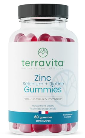 Gummies ZINC avec Biotine et Sélénium | Pousse des Cheveux et des Ongles | Beauté de la Peau | 60 Gommes Framboise Sans Sucre (ni gélules ni comprimés) | Cure 30 jours | Made in France | Terravita