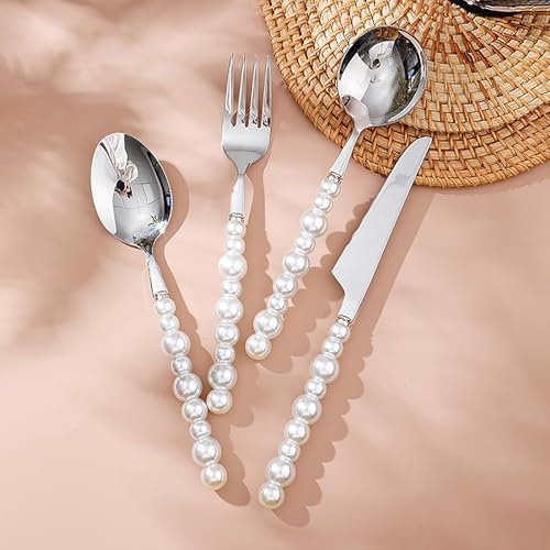 Genérico Juego De Cubiertos De 48 Piezas, Cubiertos De Acero Inoxidable 18/10, Cubiertos con Mango De Perla, Cubiertos Aptos para Lavavajillas, Cubiertos Multiusos para Banquetes