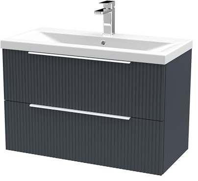 Balterley Vanity Unit with Basin Wall Hung, 2 Drawer Soft Close with Mid Edge Sink and Handles, Bathroom Vanity Units with Basin, Fluted Front Sink Cabinet - 810 x 390 x 540mm (Dark Grey)