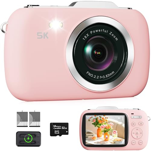 Digital Camera Vlogging Camera 5K 80MP 2.8 Screen 18X Digital Zoom, Pink | Autofocus Point Shoot Camera for Beginner Teens Kids, Portable Compact Travel Camera, Flash, 32GB Card & 2 Batteries