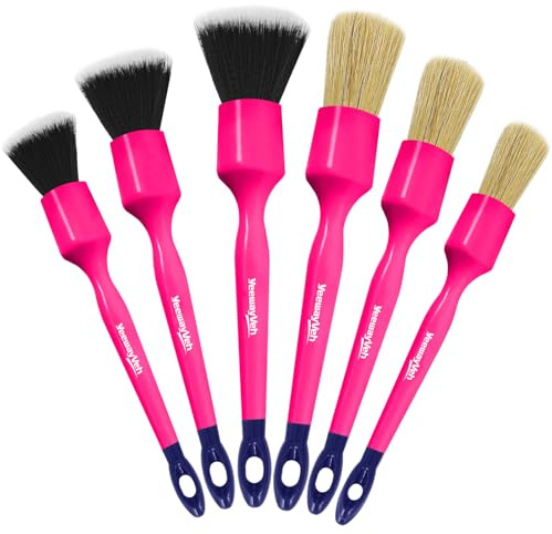 YeewayVeh 6PCS Car Detailing Brush Set, Boars Hair & Ultra Soft, Pink | 3 Boars Hair & 3 Ultra Soft Brushes for Leather Seat, Air Vents & Engine Bay, No Scratch Detail Brushes for Interior Exterior