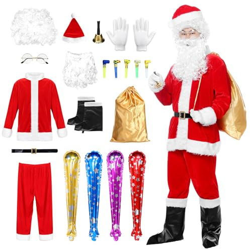 Alaiyaky Weihnachtskostüm Herren, 20Stk Nikolaus Kostüm Luxus Weihnachtsmann Kostüm mit Mütze Perücke Bart Brille Tasche Handschuhe Gürtel Glocke Dragon, Santa Claus Anzug für Xmasparty
