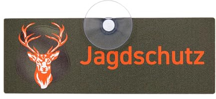 JAGDSCHUTZ Autoschild mit Hirschmotiv und Saugnapf – Premium Jagdschild für Jagdaufseher, grün mit oranger Schrift, formstabiles Aluverbund, UV- und witterungsbeständig, 18 x 6,5 cm