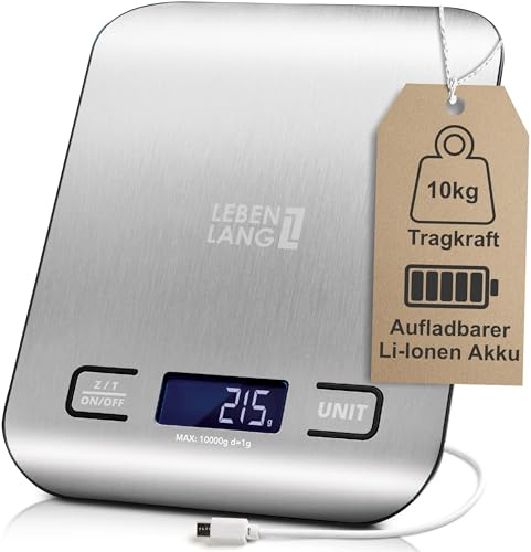LEBENLANG Digitale Küchenwaage USB aufladbar - Bis 10Kg inkl. Ladekabel I Präzise Küchenwage Food & Kitchen scale Küchenwaagen I Kuchenwaage Lebensmittelwaage Essenswaage Kleine Küchenwaage 1g genau