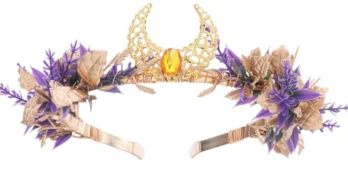 MOSTORY Elfenkrone Tiara für Mittelalter Accessoires, Lila Gold Diadem mit Blätter und Mond für Damen Cosplay Karneval