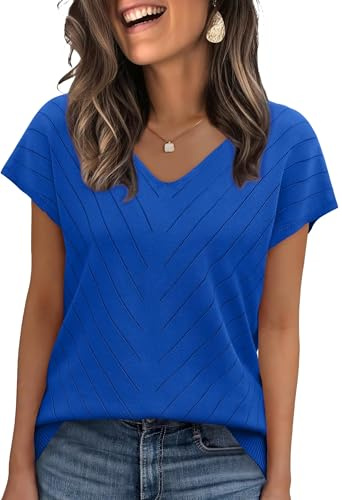 WIHOLL Pullover Damen Kurzarm Sommer Elegant T Shirt Leicht V-Ausschnitt Stretch Oberteile Basic Strickpullover Tops