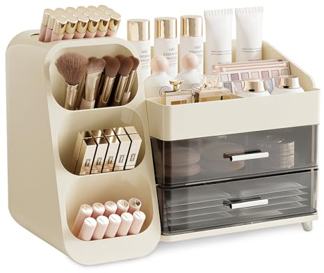 MFUSUL Organizzatore per Trucchi con 2 Cassetti, Organizzatore Multifunzione 3 in 1, Organizzatore per Toeletta, Bagno e Camera da Letto, Bianco Latteo