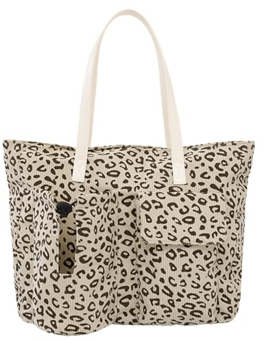 JANSBEN Cord Shopper Handtasche Damen mit Flaschenhalter & Reißverschluss, Groß Schultertasche Leichte Tote Bag für Uni Arbeit Alltag, Passend für A4 Ordner