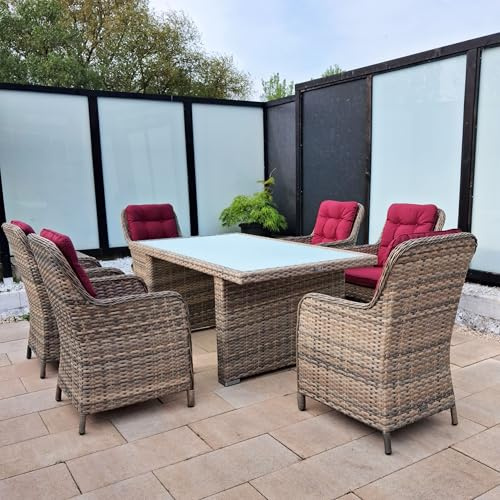 RAGNARÖK PolyRattan - Deutscher Hersteller - Gartenmöbel Essgruppe Tisch 6 Sessel 12 Polster Rostfrei Aluminium Naturfarbene Garnitur (Doppelhalbrund-Rattan) + Polster Weinrot, Glas Weiß