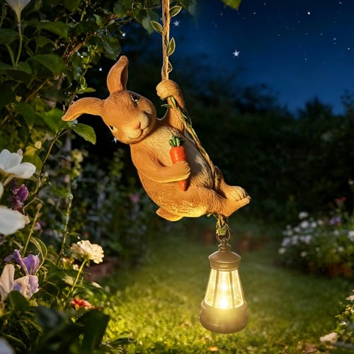 Yarteim Kaninchen Deko Garten Figuren, Gartendeko für Draußen Wetterfest, Kletternde Hase Figur mit Solar Laterne, Harz Tiere Ornament Gartenfiguren LED Solarlampe für Terrasse, Hof, Balkon