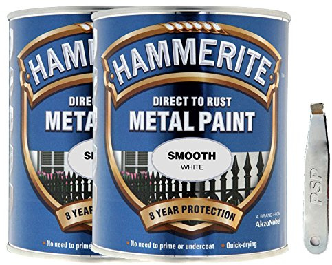 Hammerite Twin Pack of Smooth White Metal Paint 2.5 Litre with PSP Metal Tin Opener, Durable, Corrosion Resistant Decorative Coating for Metals, Certain Plastics and Wood