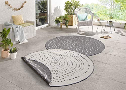 NORTHRUGS In- und Outdoor Teppich Bali Rund ⌀200cm - Wendeteppich Wetterfest Modernes Punkte Design Läufer für Balkon Terrasse Garten Wintergarten Wohnzimmerteppich Wasserfest in Grau Creme