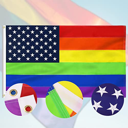 WOWFLAG Regenbogen-Flagge mit gestickten Sternen 91.4 x 152.4 cm, LGBT-Flaggen – Gay Pride Lesbenflagge Banner, Leinenheader & Messingösen, 100% recycelbares Nylon für den Außenbereich