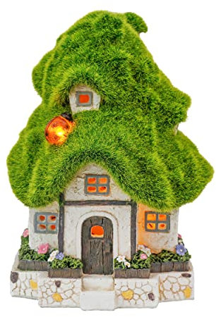 TERESA'S COLLECTIONS 20cm Adorno de Jardín Casa de Hadas Luz Solar LED, Decoracion de Jardin de Casa del árbol de Resina con Flocado Verde Efecto Musgo y Mariquita, Decoracion para Hogar