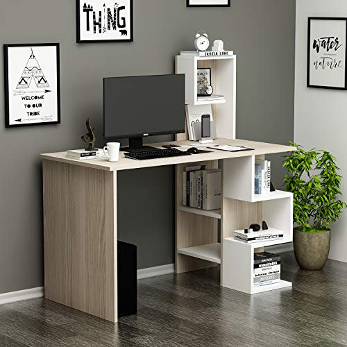 DERONI Schreibtisch - Computertisch - Workstation für Home Office - Kinderzimmer oder Jugendzimmer in modernem Design (Avola/Weiß)