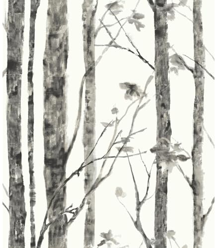 RoomMates RMK11728WP Trees Peel and Stick Wallpaper, White/Grey