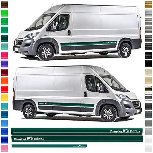 Auto-Dress® Seiten-Streifen Aufkleber Set/Dekor passend für FIAT Ducato in Wunschfarbe - Motiv: Camping Edition (Farbwunsch, Radstand: L3/L4)