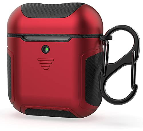 ORETECH Compatibile con Cover Airpods, Custodia per Airpods 1 e 2, Heavy Duty Airpods(1&2) Protettiva 2in1 Ibrida Silicone Gomma e Fibra di Carbonio Hard PC per Apple Airpods 2,1 (LED Visibile)- Rosso