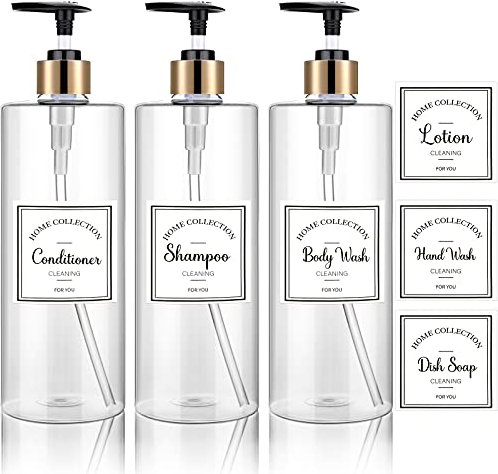 3 Pieces Pump Bottle Set, 25 oz Shampoo and Conditioner Dispenser, Plastic Refillable Soap Dispenser with 6 Label Sticker for Bathroom Lotion Body Wash(Black and Gold)