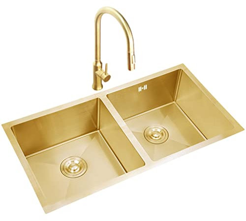 Kitchen Sink Fregaderos De Cocina, con Grifo Extraíble, Fregadero De Cocina Preparado para Barra De Dos Tazones Dorados, Instalación Empotrada O Debajo De La Encimera (Color : Gold, Size : 78x43cm)