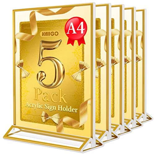 VAIIGO Thekenaufsteller Golden Acryl Menükartenhalter Werbeaufsteller, Glasklar T-Ständer Aufsteller Bilderrahmen für Hochzeitsparty, Fotos, Menühalter,Tischkarten (A4,5 Stück)
