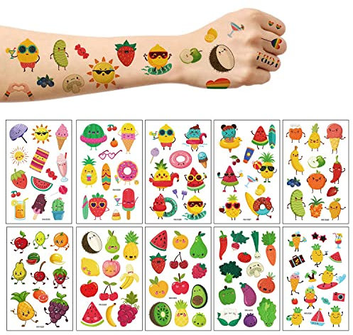 Temporäre Tattoos für Kinder mit Glitzer-Fruchtmotiven, Wassermelone, Erdbeere, Ananas, Aufkleber für Jungen und Mädchen, Geburtstagsparty, Gastgeschenke