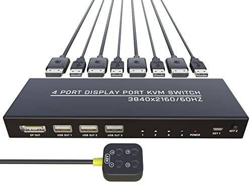 DiamondTiger KVM Switch 4 Computers - KVM Switch Displayport, One Monitor Switch to Share Mouse, Keyboard, Printer, USB 2.0 Device and Ultra HD Monitor, Support 4K@60Hz, 4 DP and 4 USB Cable Included