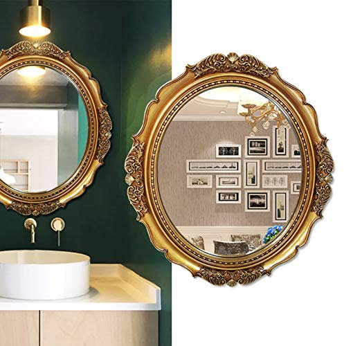 Rokoko-Badezimmerspiegel Wandmontage Art Deco 40 cm, europäischer Vintage-Gravur Blume Ovaler runder Kosmetikspiegel Gold-Silber-Barock-Anti-Rost-Verkleidung