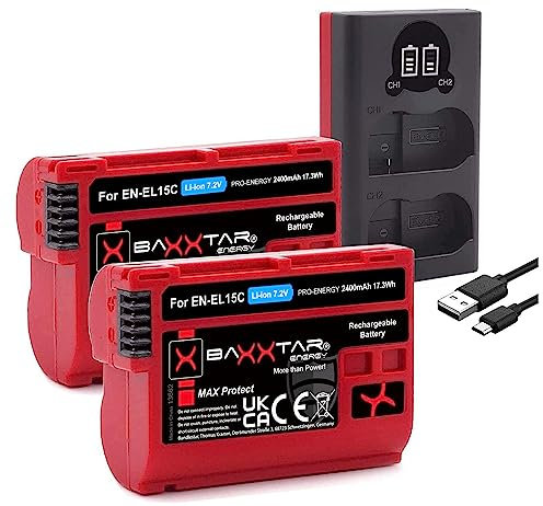 Baxxtar MaxProtect 2x EN-EL15c batteria (2600mAh sensore NTC custodia protettiva), caricatore Dual (LCD USB-C Micro-USB) compatibile con Nikon Z5 Z6 Z6II Z7 Z7II Z8 D600 D800 D7000 D7100 D7200 D7500