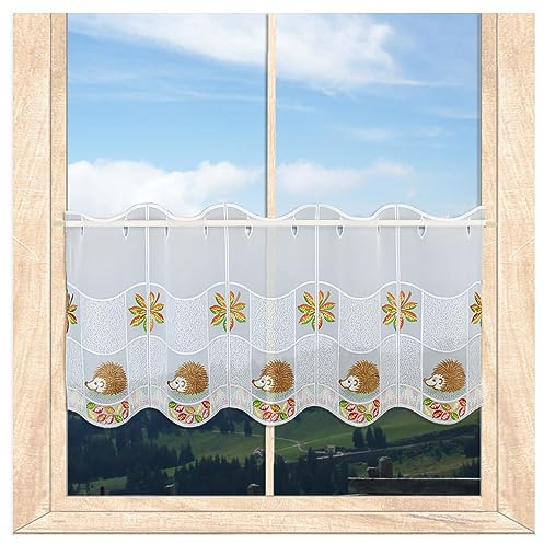 atelier alles-Spitze Kurzgardine Igel im Herbstlaub HxB 35x64 cm | atelier alles-Spitze Farbenfrohe Scheibengardine mit Vogtländischer Stickerei Herbstdekoration