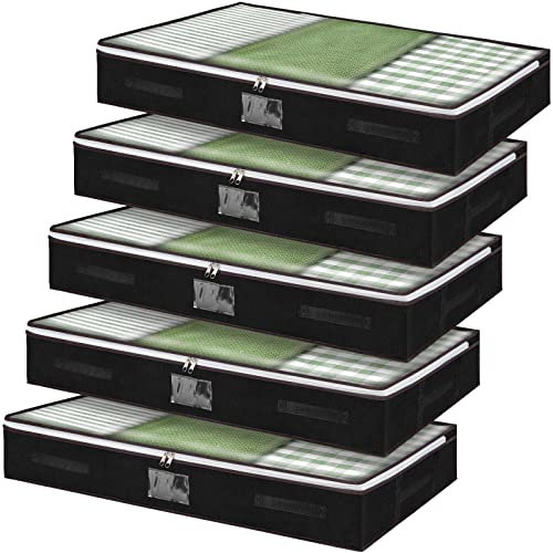 5 Pack Under The Bed Storage Boxes with Lids, Large Underbed Storage Bags with Zips, Foldable Storage Containers Organiser Clothes Bags with Clear Window for Bedroom Sofa (BLACK)