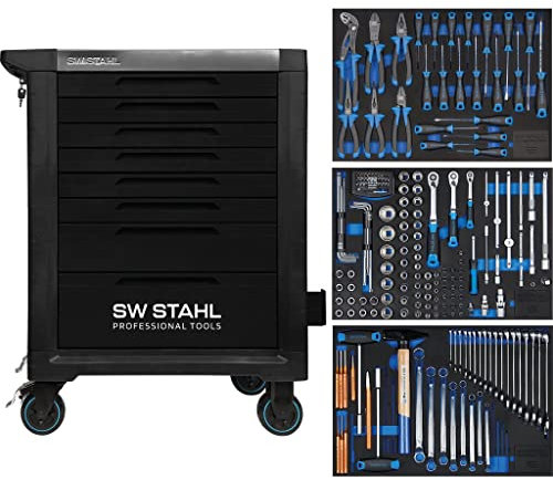 SW-Stahl Z3117 Profi Werkstattwagen TT801 schwarz I 8 Schubladen I 3 Schubladen gefüllt I 213 teilig I Werkstatt Rollwagen mit Werkzeug bestückt I Twin-Lock I Werkstattwagen kit I voll ausgestattet