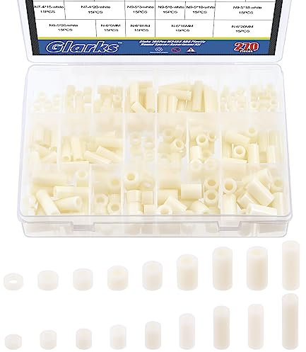 Glarks Kit assortito di distanziali in nylon da 270 pezzi per viti M3-M6, distanziali per prese elettriche, rondelle rotonde in ABS bianco per viti, interruttori e prese