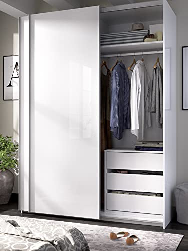 DEKIT Pack Armario de 2 Puertas corredera 150cm + Cajonera Interior, Melamine, Blanco, 204x150x65 cm