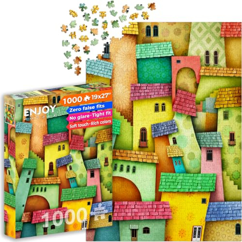 1000 Pieces Jigsaw Puzzle for Adults – Matte Finish, Soft Touch, Sturdy and Unique Pieces, Tight Fit, Vivid Colors, Missing Pieces Service – Happy Illustration of Fantasy Houses – by ENJOY Puzzle