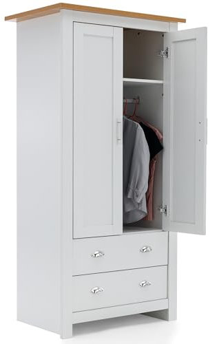 Wardrobes for Bedroom 2 Door 2 Drawer Wardrobe MDF With Shelf Hanging Rail Cloth Storage Wooden Wardrobe With Drawer Large Cupboard Bedroom Furniture, White & Oak, 180H x 79W x 52D cm
