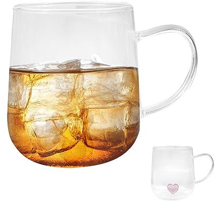 Glass Coffee Mugs- 430ml Clear Glass Tea Cups with Heart | Heat Resistant Drinking Cup with Handle for Boys, Girls, Travel, Kids, Home, School