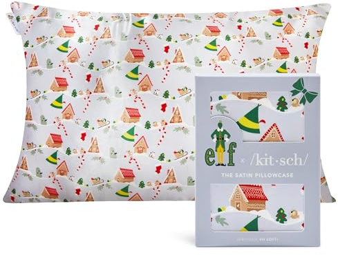 Elf x Kitsch Satin Pillowcase - Softer Than Silk Pillowcase for Hair & Skin | Cooling Satin Pillowcases with Zipper | Satin Pillow Case Cover | Pillow Cases Standard Queen (Periwinkle Christmas)