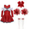 Aislor Mädchen Cheer Leader Kostüm Langarm Cheerleading Uniform Outfits Pailletten Kleid mit Pompoms/Harrband Strümpfe Halloween Cheerleading Tanzkleid A Rot 158-164