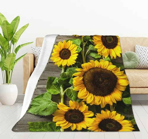 HGOD DESIGNS Sonnenblumen-Decke, superweiche Sonnenblumen auf Holzbrett, Überwurfdecke, 130 x 150 cm, Decke für Bett, Couch, Stuhl, Herbst, Winter, Camping, Wohnzimmer, Büro