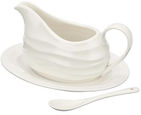 TOLIDA Sauciere aus Kremik mit Tablett, Servierschale mit Griff, Spender mit Löffel für Gourmet-Sauciere, für Milch, Schweinekoteletts Desserts,Geschenke mikrowellen- und spülmaschinenfest,Weiß,13oz