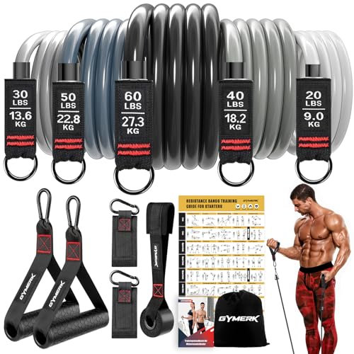 GYMERK Resistance Bands Set, Expander Fitness Mit Gummigriffe, Trainingsplakat, Knöchelriemen, Türanker, Tragtasche, 5er Verschiedene Widerstandsstufen Ideal für Krafttraining