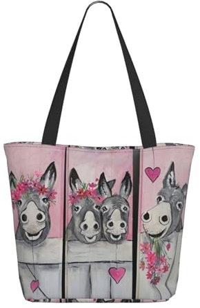 RAXER Esel und Blume, große Handtasche, bedruckt, weiches Polyester, Schultertasche mit Reißverschluss, für Freizeit, Schule, Arbeit, Schwarz , Einheitsgröße