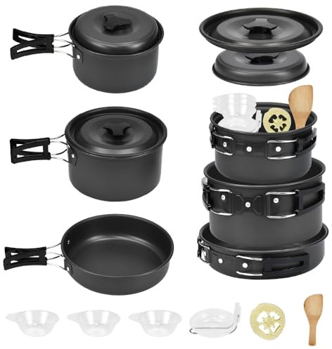 EMAGEREN Camping Geschirr Set 9 Teilige Camping Kochgeschirr Set 2-3 Personen Outdoor Camping Geschirr Set Kochtopf Set mit Camping Topf und Pfanne Faltbar Geschirr für Outdoor Wandern Picknick